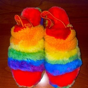 UGG - Fluff Yeah Cali Collage Sheepskin Fur Slides Sz 9 Women Sz 7 Men